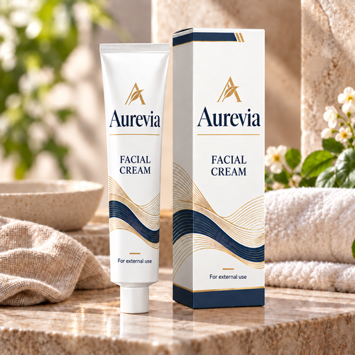 Aurevia Facial Cream tube and carton with navy-and-gold wave packaging on a warm stone vanity.