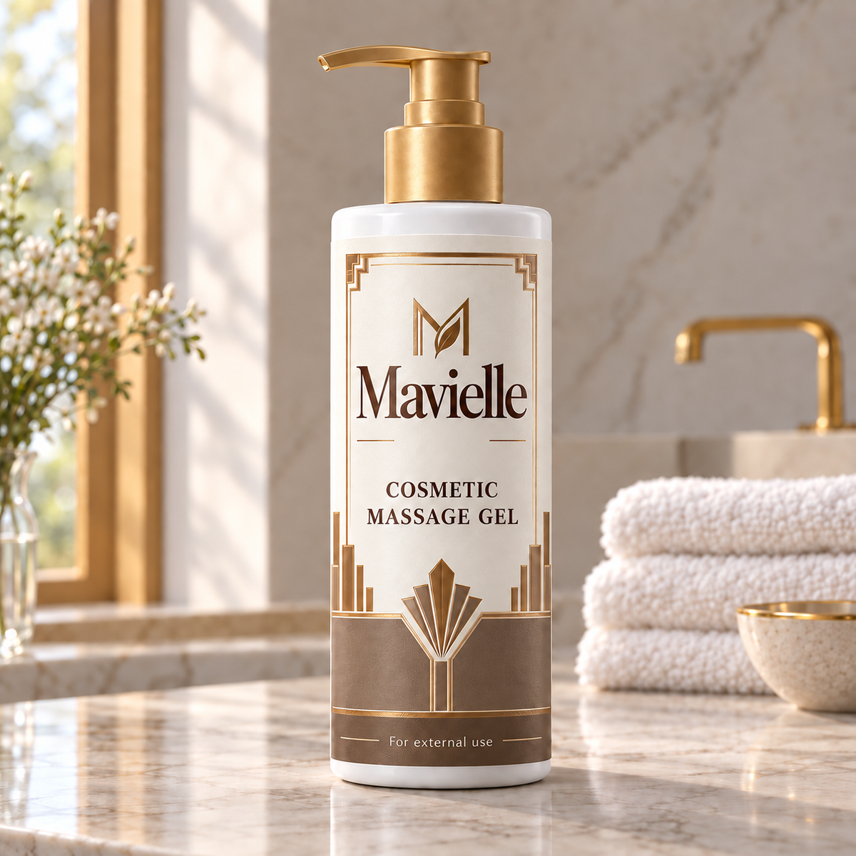 Mavielle Cosmetic Massage Gel in a white gold-pump bottle with bronze geometric packaging on a sunlit bathroom counter.
